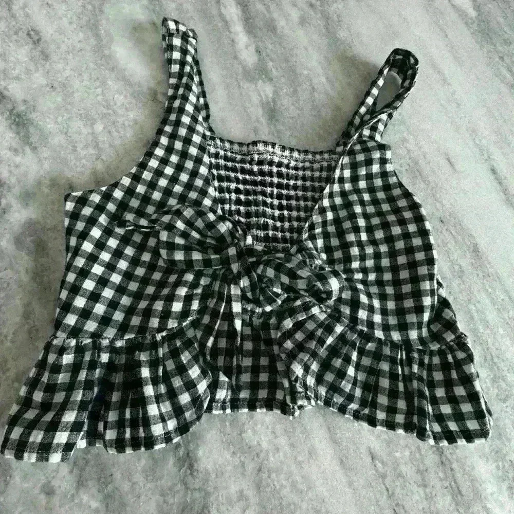 American Eagle Smock Gingham Bow Front Tie Navy blue nautical checkered Top - S - Picture 4 of 10